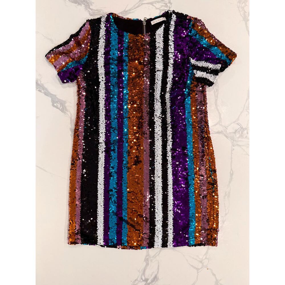 Karlie Sequin Stripe Shift Dress Large Multicolor Lined Back Zip Party Cocktail